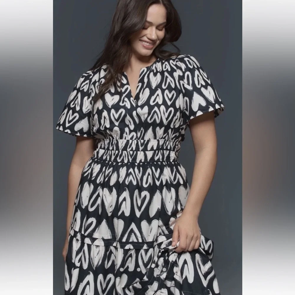 Anthropologie The Somerset Maxi Dress Smocked Heart Edition Poplin Black White - Picture 4 of 7